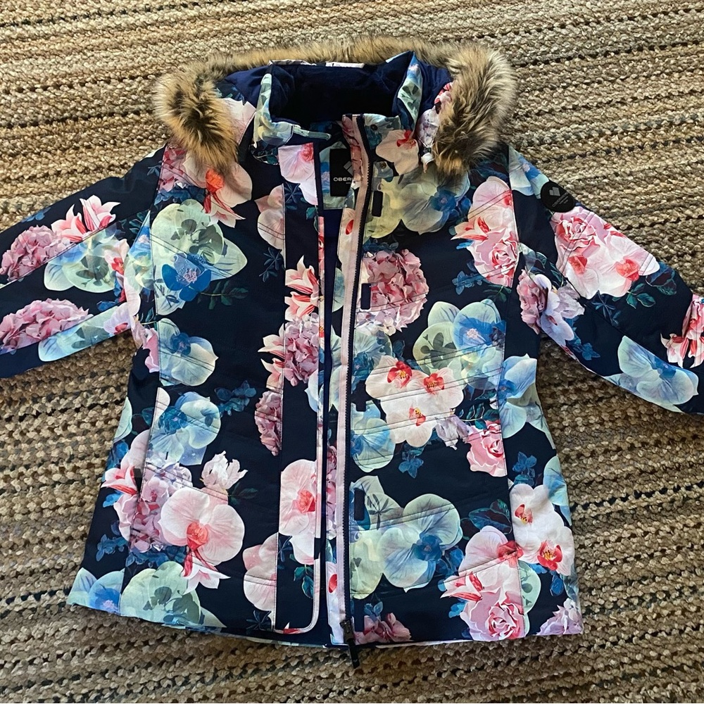 Obermeyer Floral Ski Jacket with Fur Trim